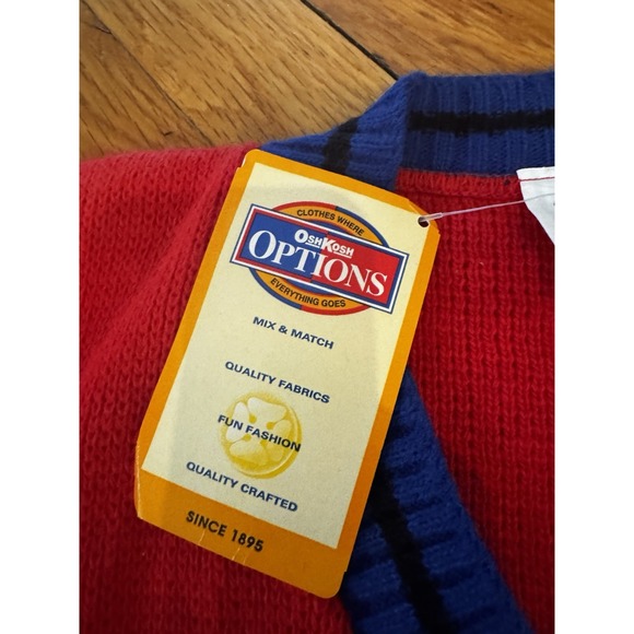 Vintage Oshkosh Red Blue Sweater Chest Patch Embroidered Sz M Boys V Neck NWT - Picture 3 of 9
